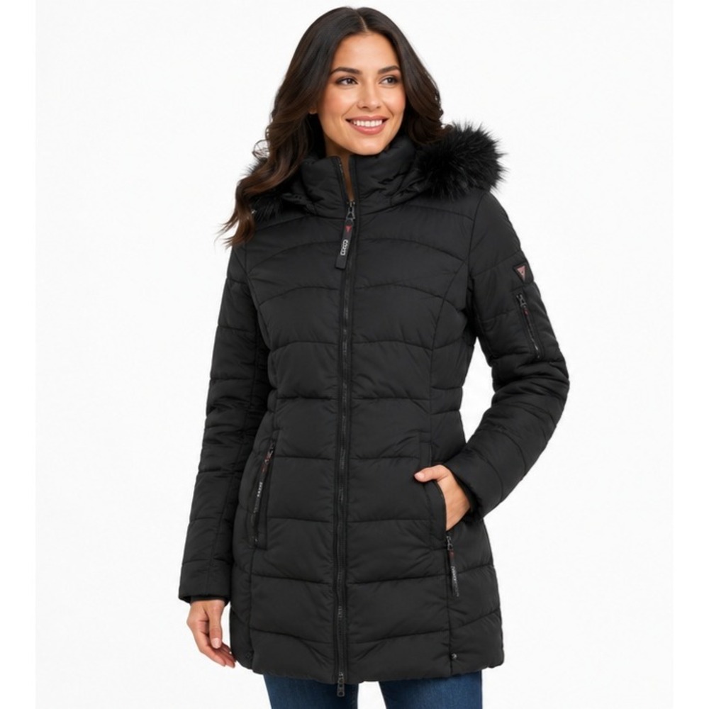 GUESS Black Hooded Quilted Puffer‎ Coat Faux Fur Trim Water Resistant Women's M